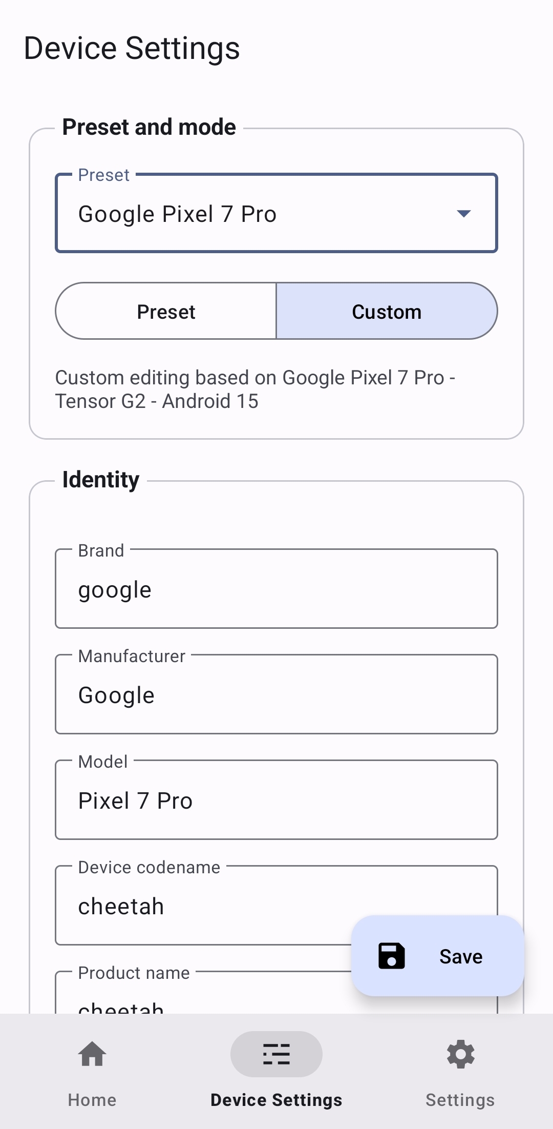 SpoofMyDevice device settings