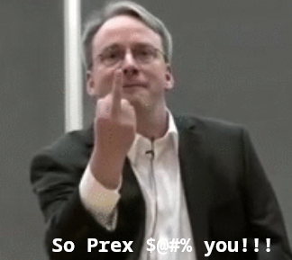 Linus Torvalds showing Prex the middle finger