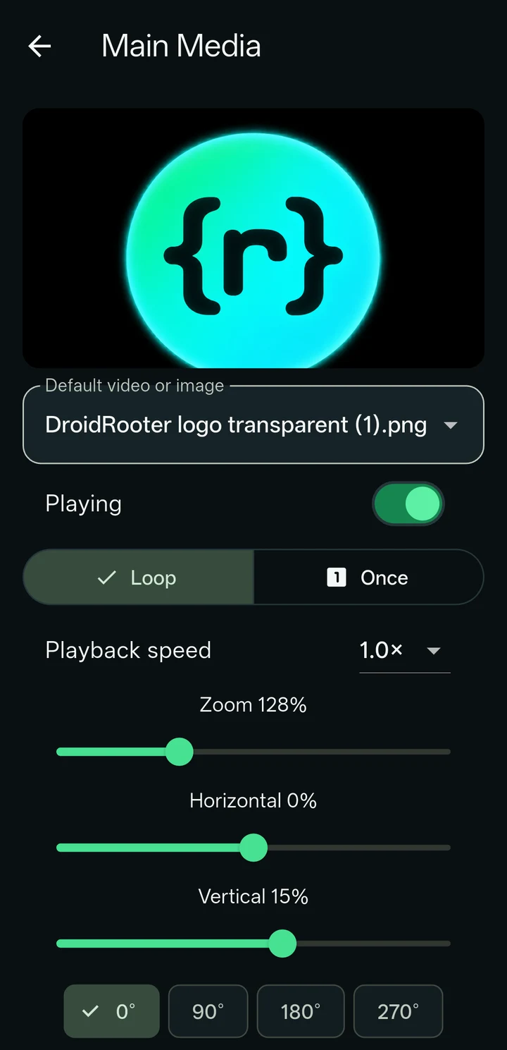 Media editor: playback, loop, zoom and rotation controls