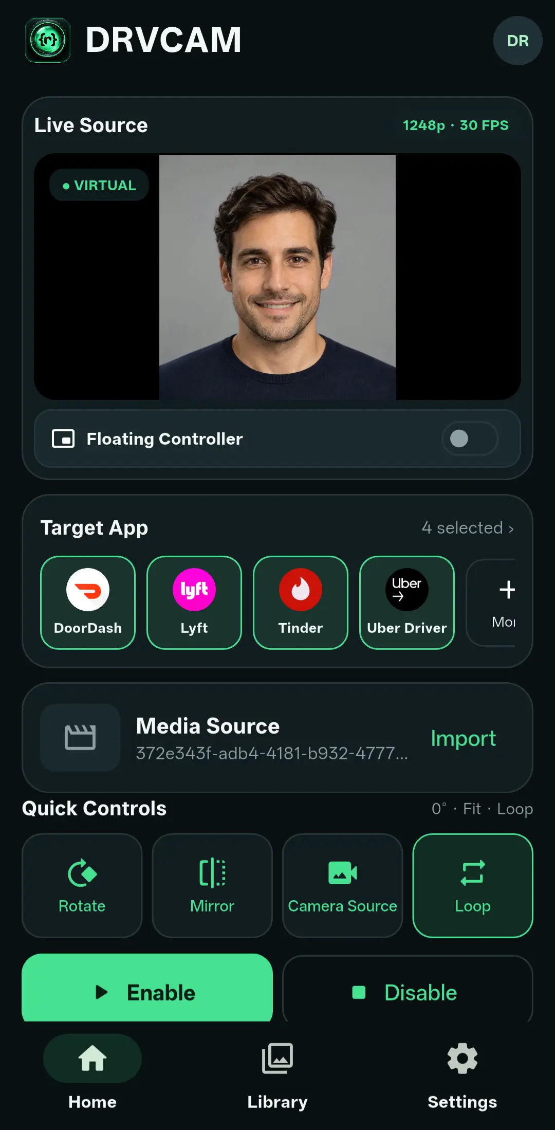 DRVCAM Home screen: live source preview, target app selection, media source and quick controls